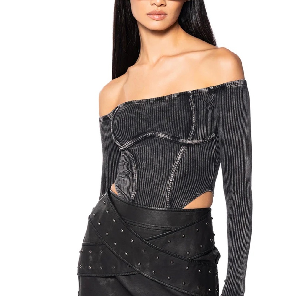 AKIRA Katrina Mineral Wash Off The Shoulder Bodysuit